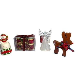 Festive Red/Green/White/Gold Napkin Rings, Bear Bell, White Angel & Wood Rudolph